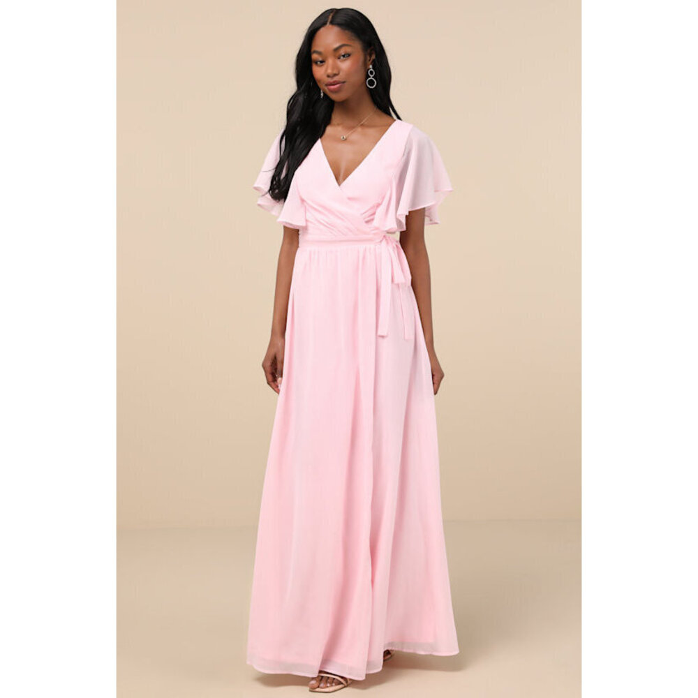 Lulus Convincing Grace Light Blush Flutter Sleeve Wrap Maxi Dress Pink - Size M